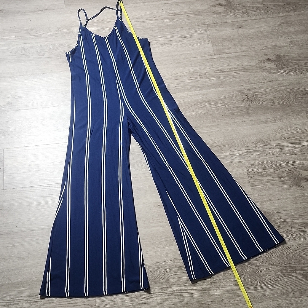 Olivaceous Navy Blue Vertical Stripe Wide-Leg Jumpsuit - Picture 2 of 14